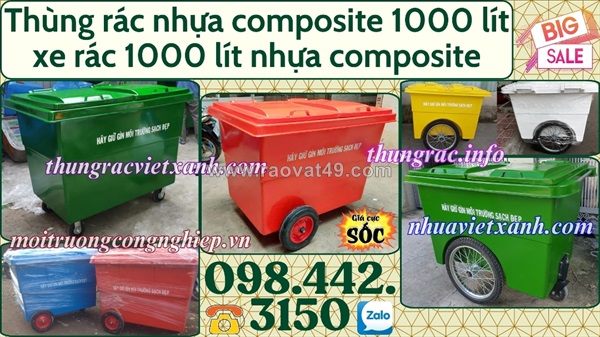 Thùng rác 1000 lít nhựa composite 4 bánh xe và 3 bánh xe đặc/hơi