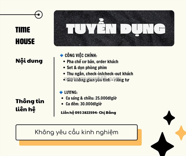 Timehouse tuyển nv pha chế phục vụ cafe làm tại q3