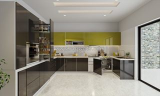 Tủ bếp gỗ công nghiệp an cường phủ acrylic phối màu hiện đại