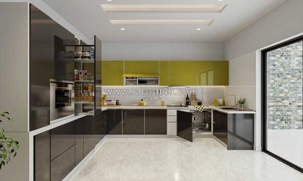 Tủ bếp gỗ công nghiệp an cường phủ acrylic phối màu hiện đại