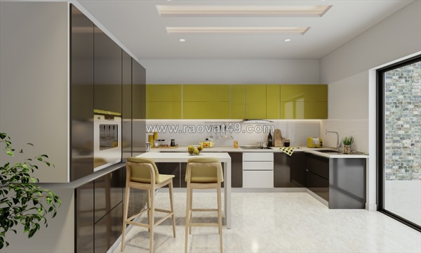 Tủ bếp gỗ công nghiệp an cường phủ acrylic phối màu hiện đại