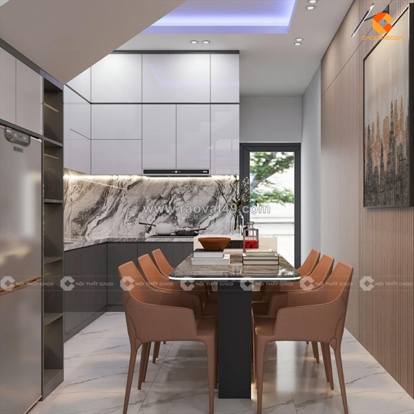 Tủ bếp gỗ công nghiệp chữ l nâu gỗ phối trắng ấm cúng
