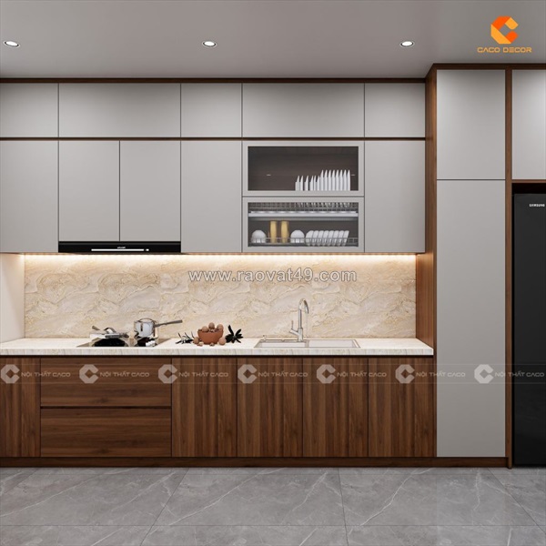 Tủ bếp gỗ công nghiệp chữ l nâu gỗ phối trắng ấm cúng