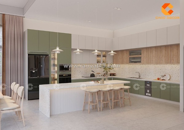 Tủ bếp gỗ công nghiệp chữ l phối màu xanh olive hiện đại