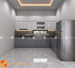 Tủ bếp gỗ công nghiệp mdf chữ l phối màu trắng xám hiện đại