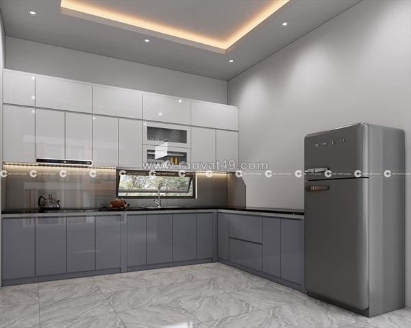 Tủ bếp gỗ công nghiệp mdf chữ l phối màu trắng xám hiện đại