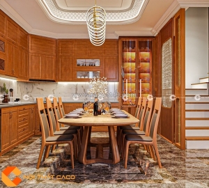 Tủ bếp gỗ sồi tự nhiên chữ l sang trọng, ấm cúng