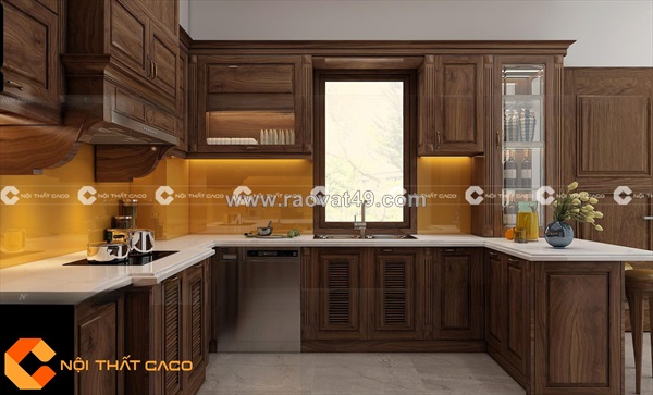 Tủ bếp gỗ sồi tự nhiên chữ u bề thế, đủ tiện nghi