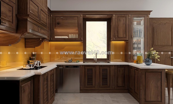 Tủ bếp gỗ sồi tự nhiên chữ u bề thế, đủ tiện nghi