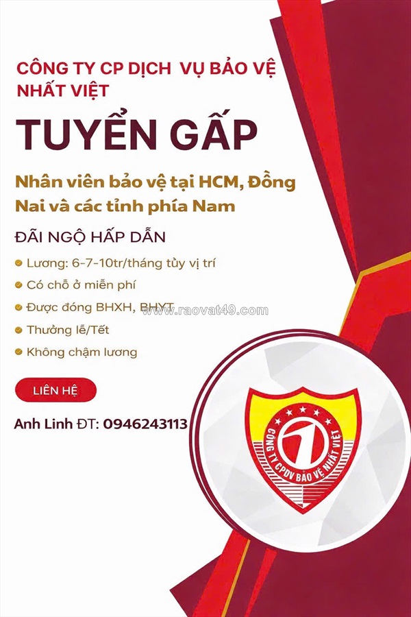 Tuyển gấp nv bảo vệ làm tại hcm & đồng nai, các tỉnh phía nam