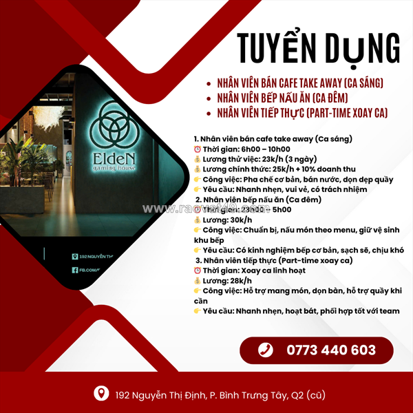 Tuyển nhân viên bán cafe và bếp ca đêm quận 2