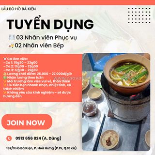 Tuyển nhân viên phục vụ, bếp quận 10