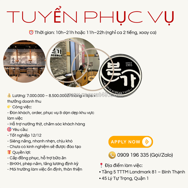 Tuyển nhân viên phục vụ nhà hàng bình thạnh & q1
