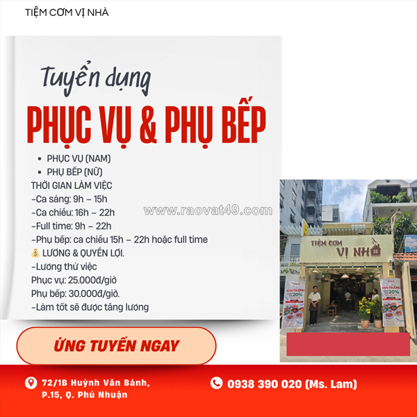 Tuyển nhân viên phục vụ, phụ bếp quận phú nhuận