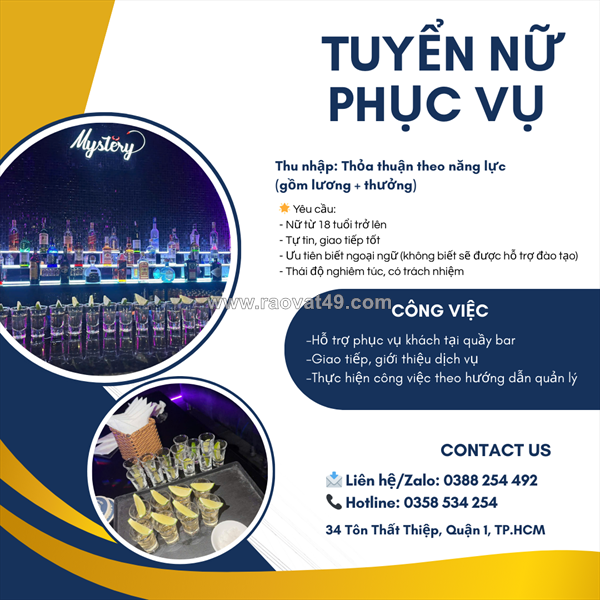 Tuyển nhân viên phục vụ quầy bar (nữ – full/part-time)