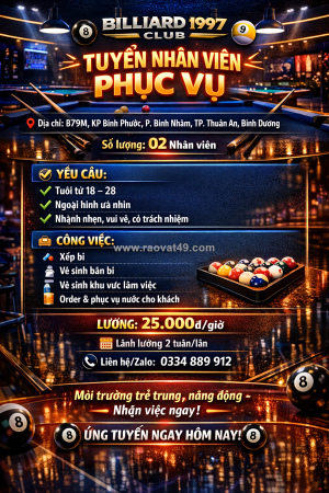 Tuyển nhân viên phục vụ tp. thuận an