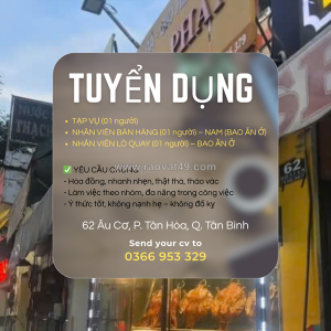Tuyển nhân viên tạp vụ, bán hàng, lò quay tân bình