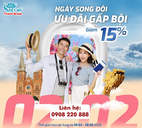 Vietravel airlines giảm 15% giá vé ngày song đôi