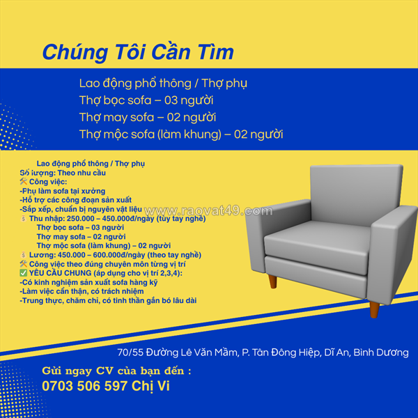 Xưởng sản xuất sofa tuyển dụng nhân sự dĩ an