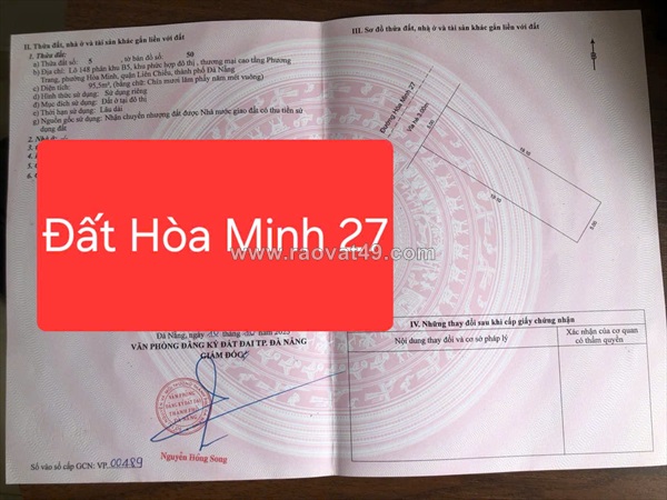 Bán đất mt đường 6m hòa minh 27 - diện tích đất 95.5m2 (5x19.1) vuông vức