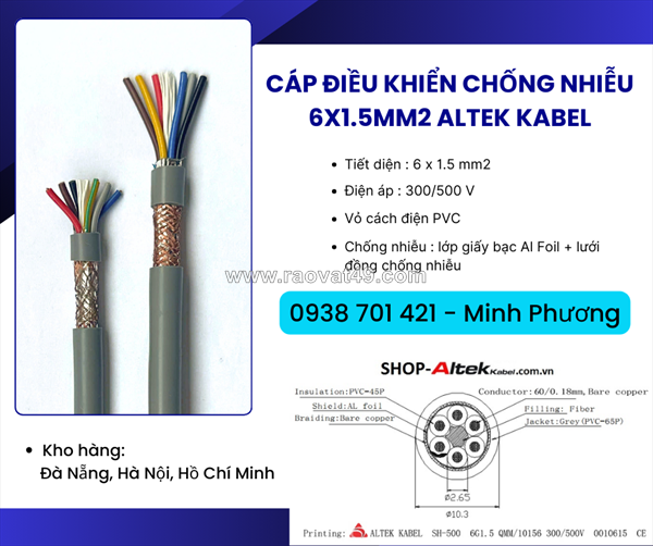 Cáp điều khiển có lớp chống nhiễu 6x1.5mm2 altek kabel phú yên, gia lai, huế