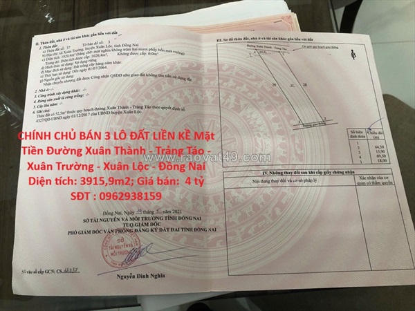 Chính chủ bán 3 lô đất liền kề mặt tiền đường xuân thành - trảng táo - xuân