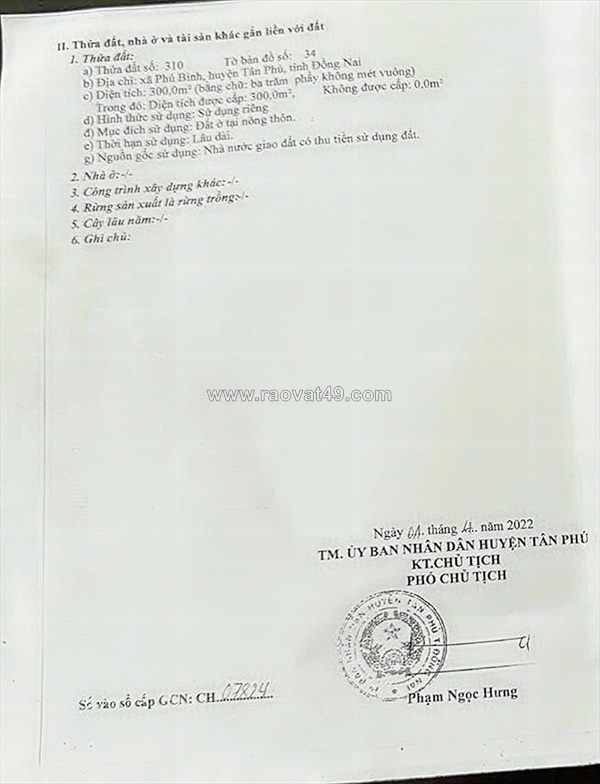 Chính chủ bán 300m2 đất tại xã phú bình, huyện tân phú, đồng nai