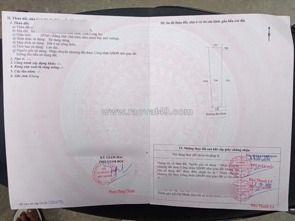 Chính chủ cần bán lô đất full thổ cư 279m2 mặt tiền đường nhựa an ninh