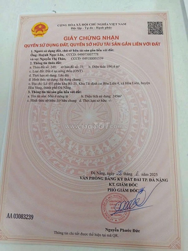 Chính chủ cần bán nhà diện tích 192 m2 tại 230, trần quốc tảng, phường liên chiểu, đn