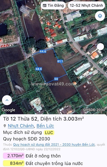 Đất chính chủ - mặt tiền tại ấp 3 xã nhựt chánh, huyện bến lức, tỉnh long an