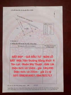 Đất đẹp – giá đầu tư  -bán lô đất  mặt tiền đường đồng khởi  p. tân lợi - buôn