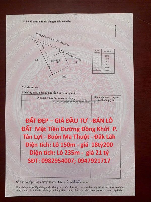 Đất đẹp – giá đầu tư  -bán lô đất  mặt tiền đường đồng khởi  p. tân lợi - buôn