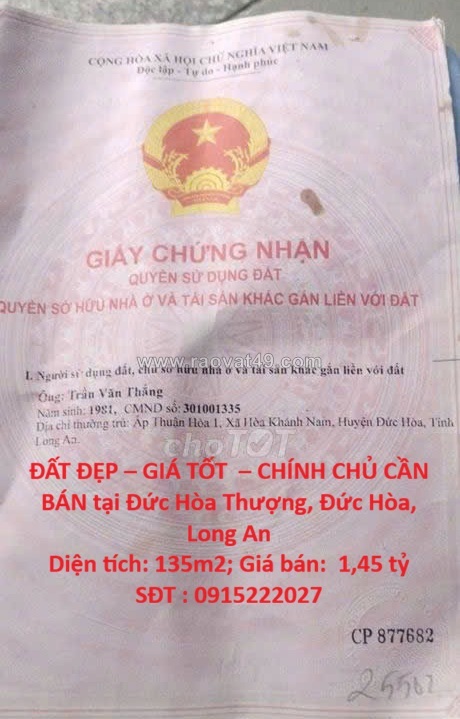 Đất đẹp – giá tốt  – chính chủ cần bán tại đức hòa thượng, đức hòa, long an