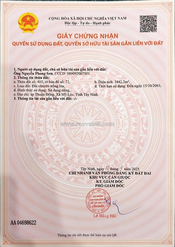 Đầu tư sinh lời - chính chủ cần bán lô đất đẹp tại ấp thuận đông, xã mỹ lộc,