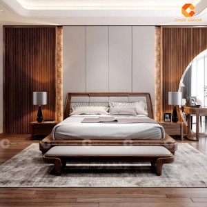 Giường ngủ gỗ tự nhiên thiết kế chân cao, bọc đầu nệm