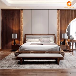 Giường ngủ gỗ tự nhiên thiết kế chân cao, bọc đầu nệm