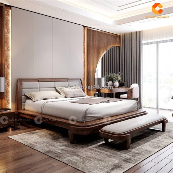 Giường ngủ gỗ tự nhiên thiết kế chân cao, bọc đầu nệm