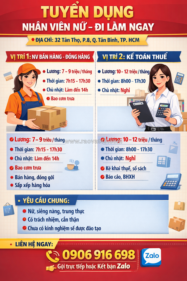Nhân viên bán hàng, kế toán thuế quận tân bình