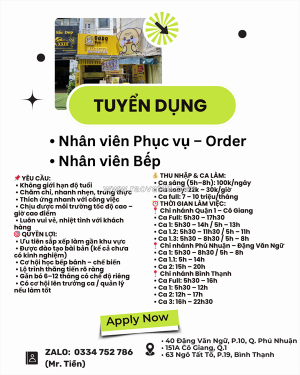 Nhân viên phục vụ, bếp q1, bình thạnh, phú nhuận