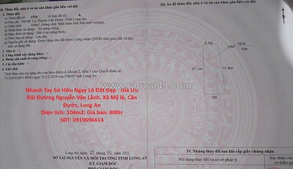 Nhanh tay sở hữu ngay lô đất đẹp - giá ưu đãi đường nguyễn văn lãnh, xã mỹ lệ,