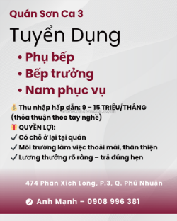 Phụ bếp, bếp trưởng, nam phục vụ q. phú nhuận