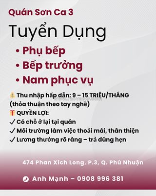 Phụ bếp, bếp trưởng, nam phục vụ q. phú nhuận