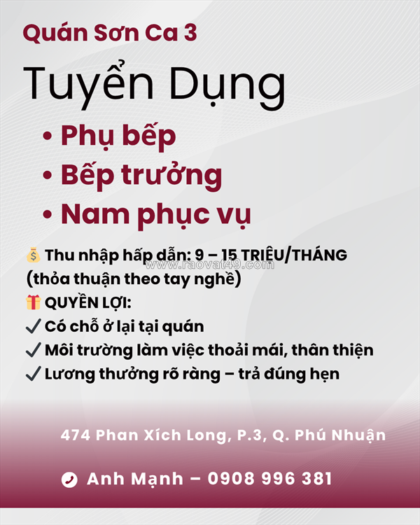 Phụ bếp, bếp trưởng, nam phục vụ q. phú nhuận