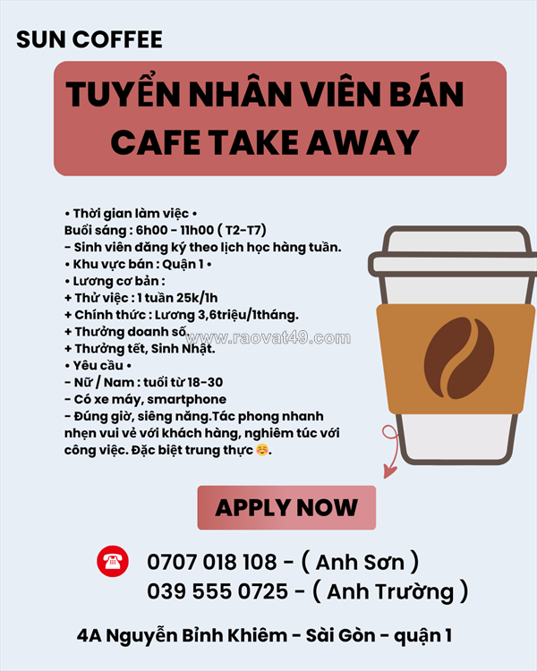 Sun coffee - cafe take away - tuyển bạn đồng hành