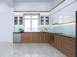 Tủ bếp gỗ công nghiệp mdf chữ l màu nâu gỗ phối trắng hiện đại