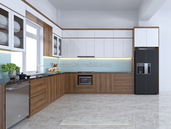 Tủ bếp gỗ công nghiệp mdf chữ l màu nâu gỗ phối trắng hiện đại
