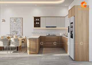 Tủ bếp gỗ công nghiệp mdf phủ melamine chữ u hiện đại