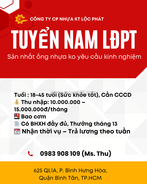 Tuyển 10 nam lao động phổ thông (sản nhất ống nhựa ko yêu cầu kinh nghiệm)