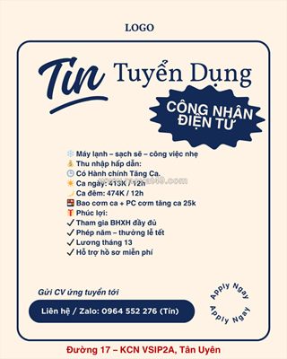 Tuyển công nhân điện tử tân uyên