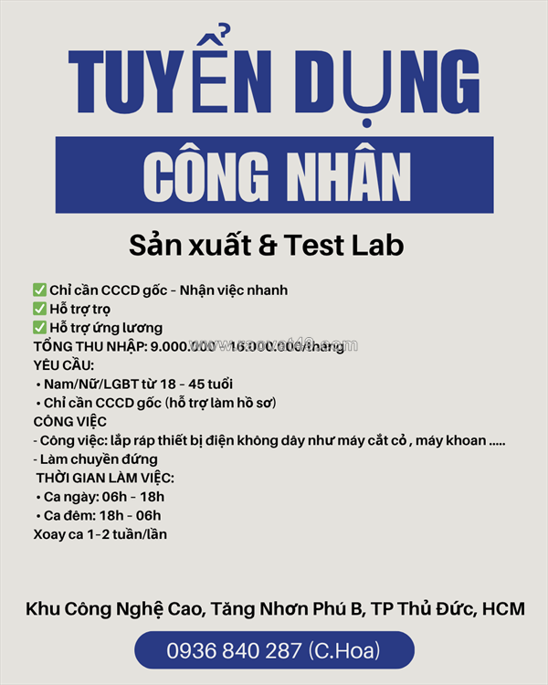 Tuyển công nhân sản xuất & test lab thủ đức